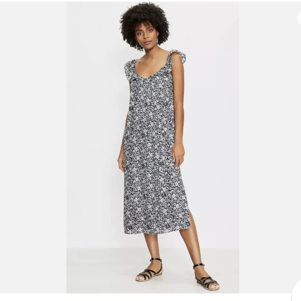 Loft Palm Flutter Strap Pocket Double Side Slit Midi Dress Black White